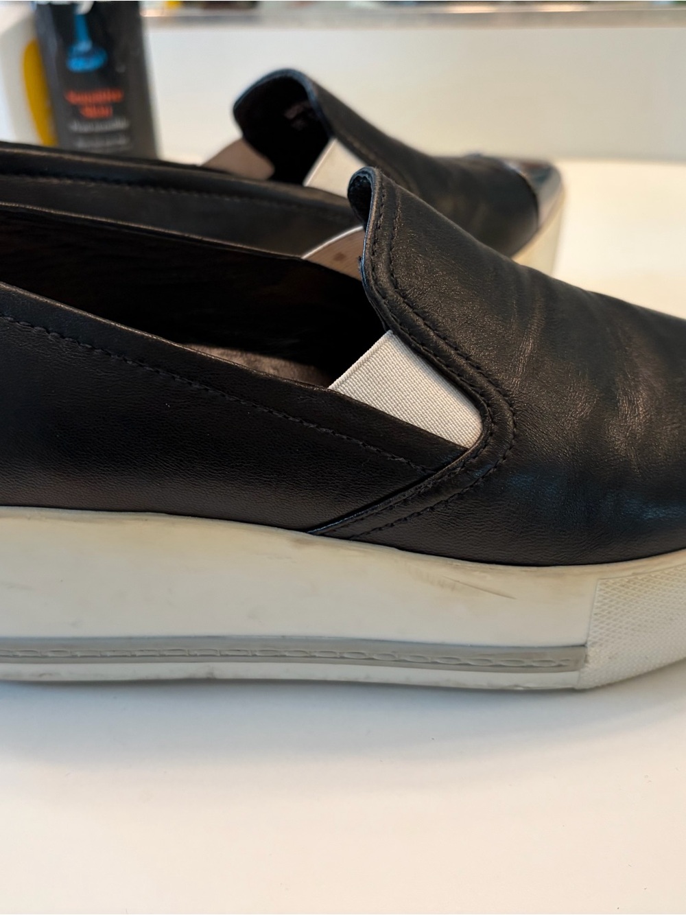 Miu Miu Black Leather Slip-On Platforn Sneakers with Silver Toe Cap - Picture 7 of 8